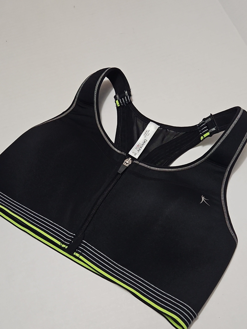 Danskin Now Black Sports Bra w/ Neon Green Trim and Reflective Accents Size 38C